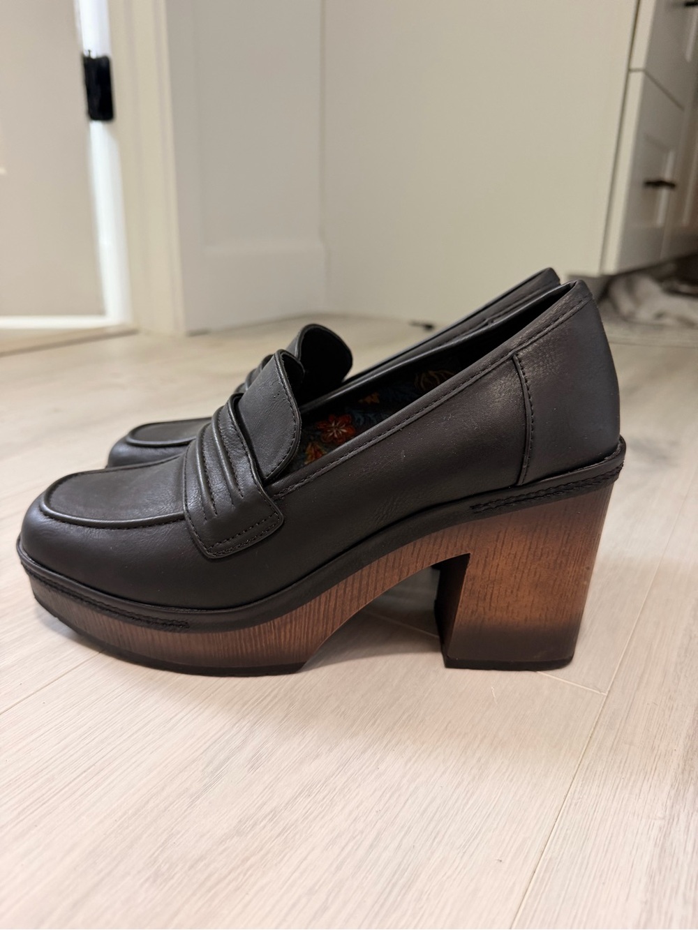 Black Platform Leather Loafer Heels - Women's